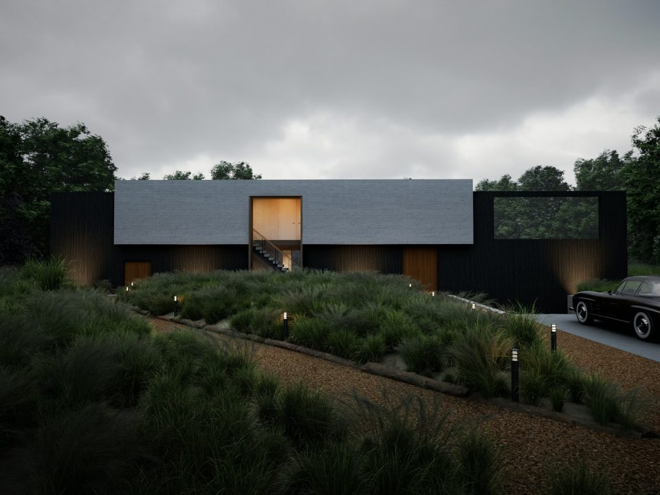 Architectural render of a contemporary custom home among trees