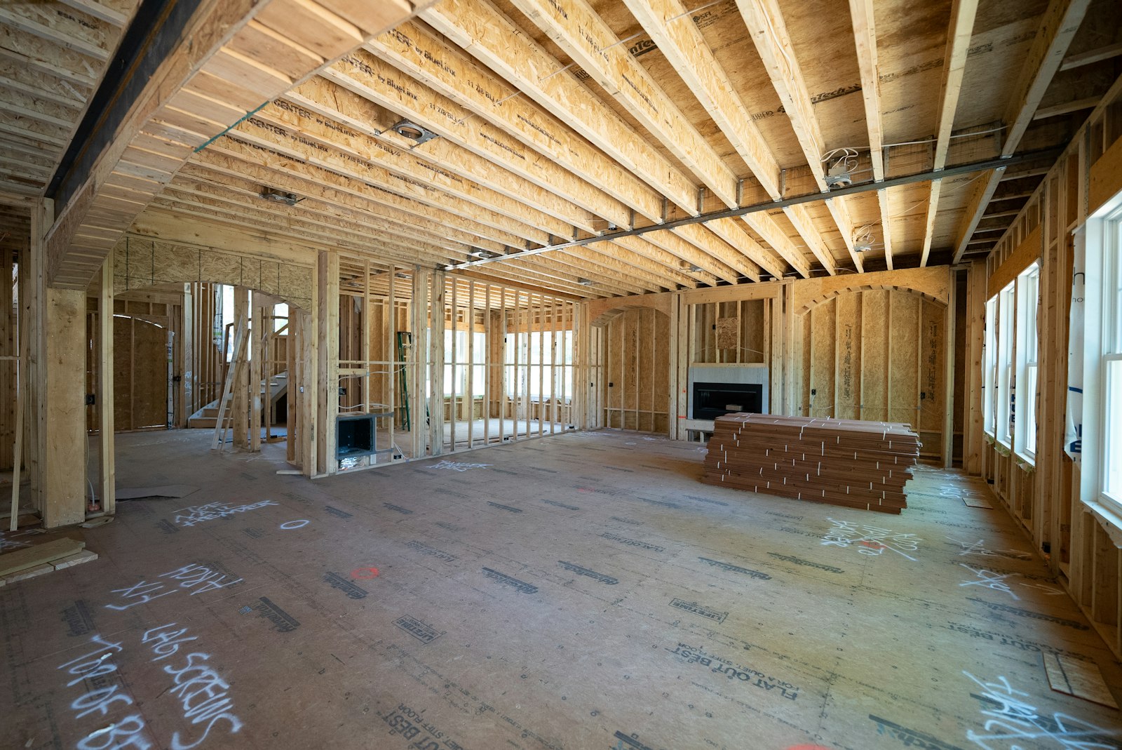Interior of a residential building during framing and construction